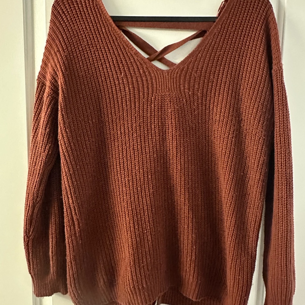 RD Style Brown V-Neck Sweater with Ribbed Knit